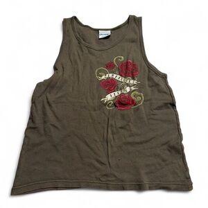 Olive Tank Top with Red Floral Design
